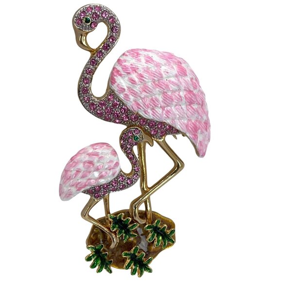 Tropical Pink Rhinestone Crystal Flamingo Mother Baby Chick Enamel Brooch Pin - Picture 7 of 8
